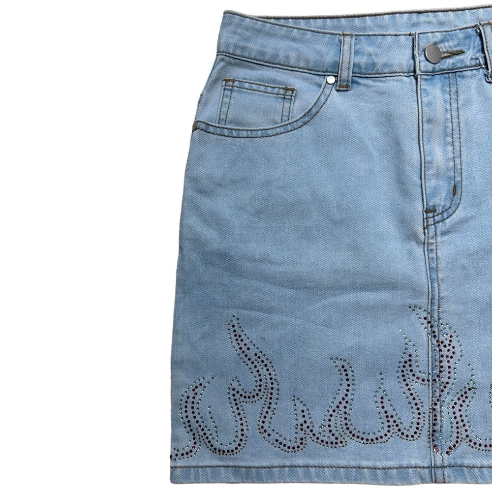 Superdown Revolve Rhinestone Flame Denim Mini Ski… - image 3